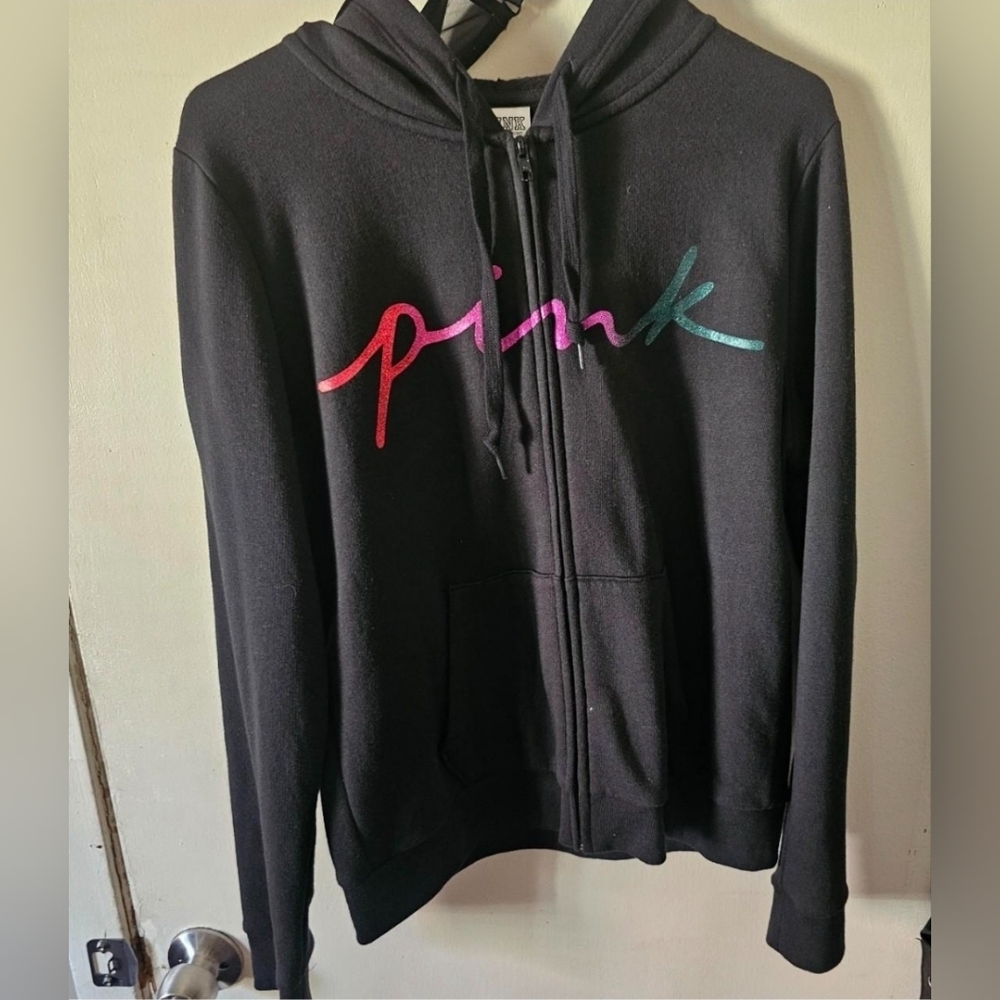 PINK Black Zip-Up Hoodie with Ombre Script